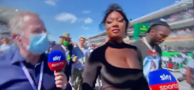 Sky reporter Martin Brundle with American rap star Megan Thee Stallion