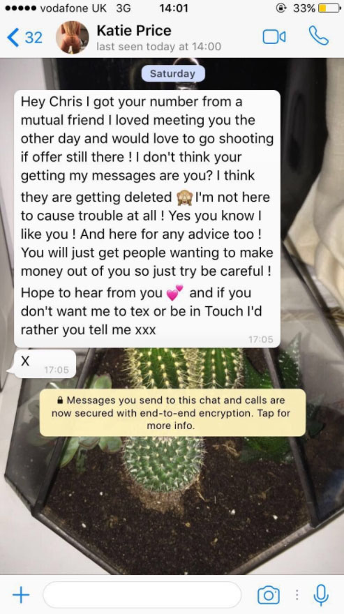 Chris shared a message Katie had allegedly sent him over WhatsApp in 2017