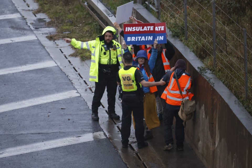 Activists hold signs at the scene on the M25