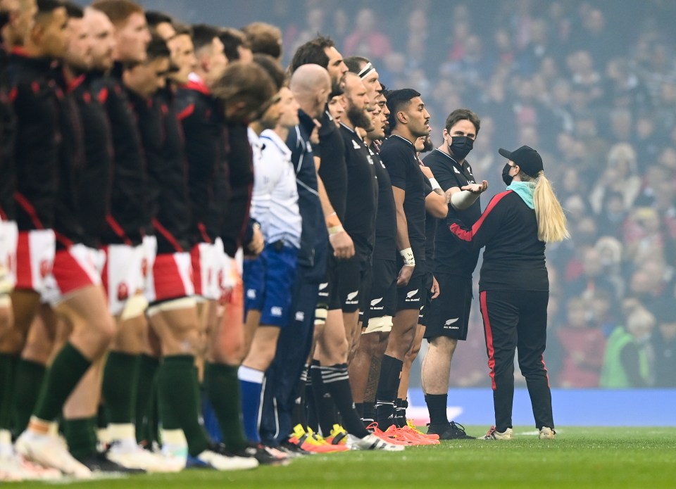 The pitch invader lined up alongside the All-Blacks as they prepared to sing the national anthem