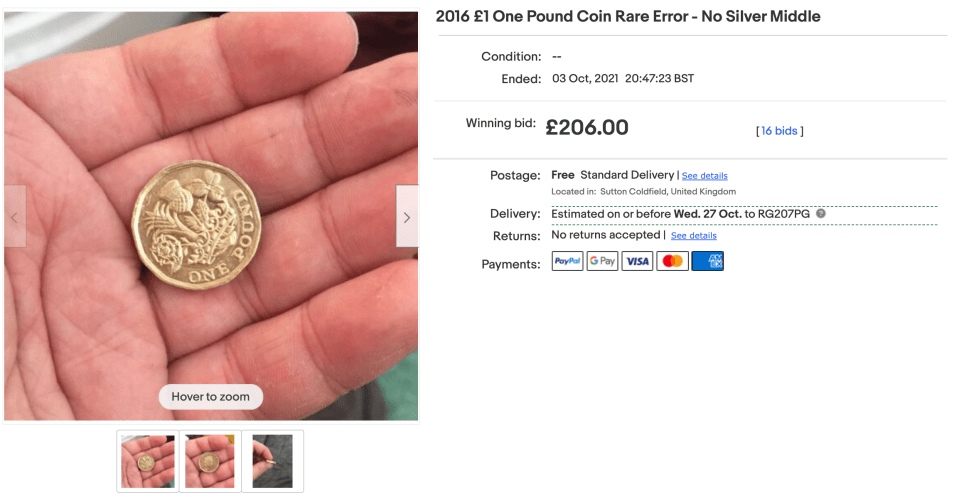 There were 16 bids placed on the coin before one buyer snapped up the coin at £206