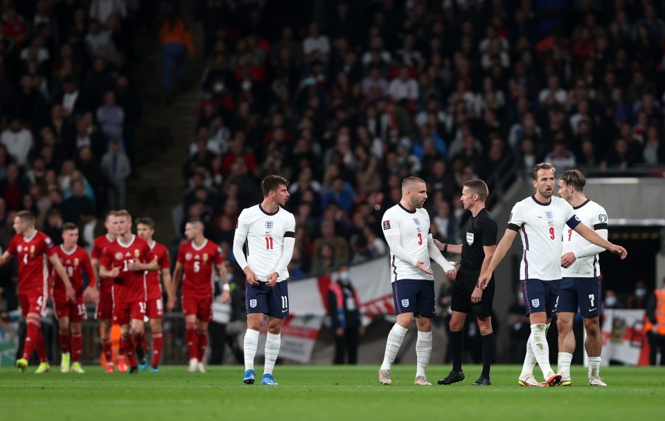 England's players react in frustration after conceding against Hungary