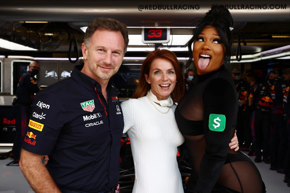 Megan Thee Stallion poses with Christian Horner and Geri Halliwell