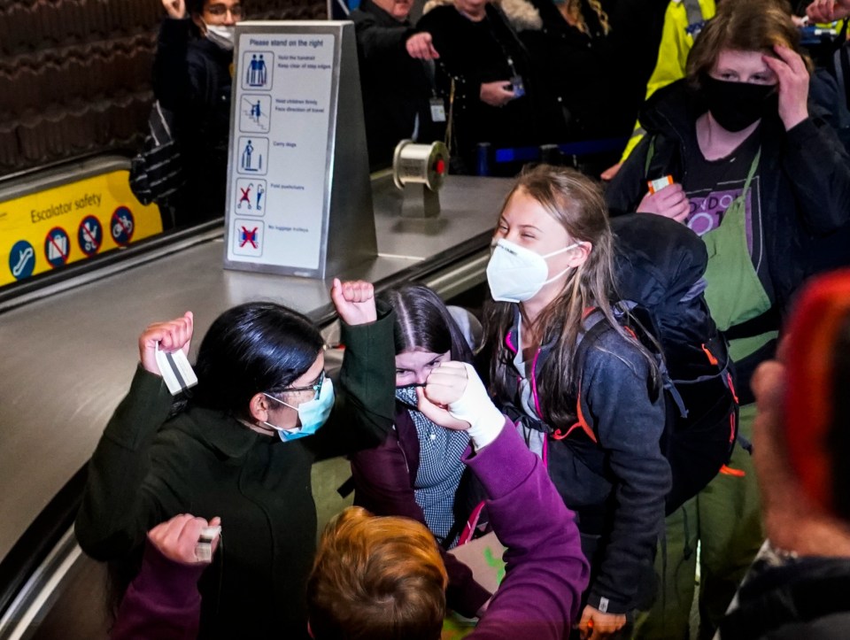 Greta was escorted by police from the Central Railway station in Glasgow yesterday