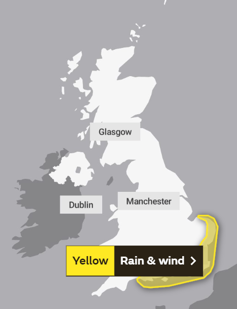 A yellow weather warning for rain and wind is in place on Saturday