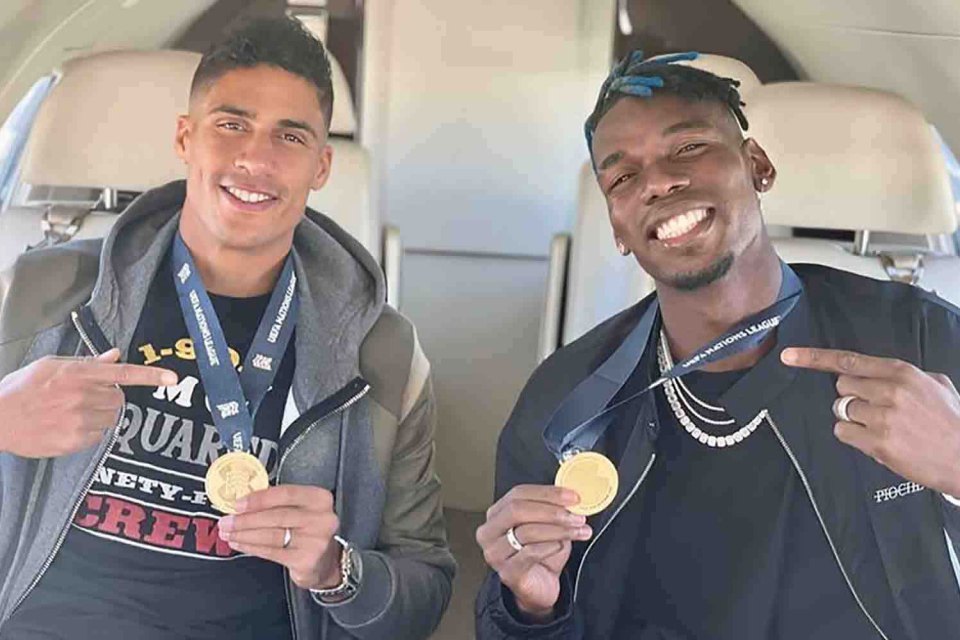 Raphael Varane and Paul Pogba with their Nations League medals