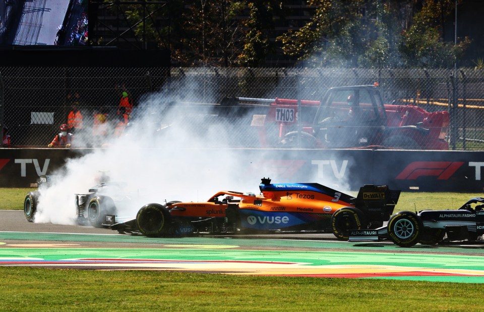 Daniel Ricciardo took pole-sitter Valtteri Bottas out in a first corner melee, leaving Verstappen in the lead