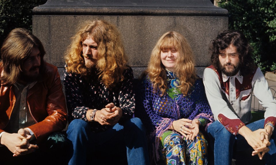 Plant, second left, with John Bonham, Sandy Denny and Jimmy Page