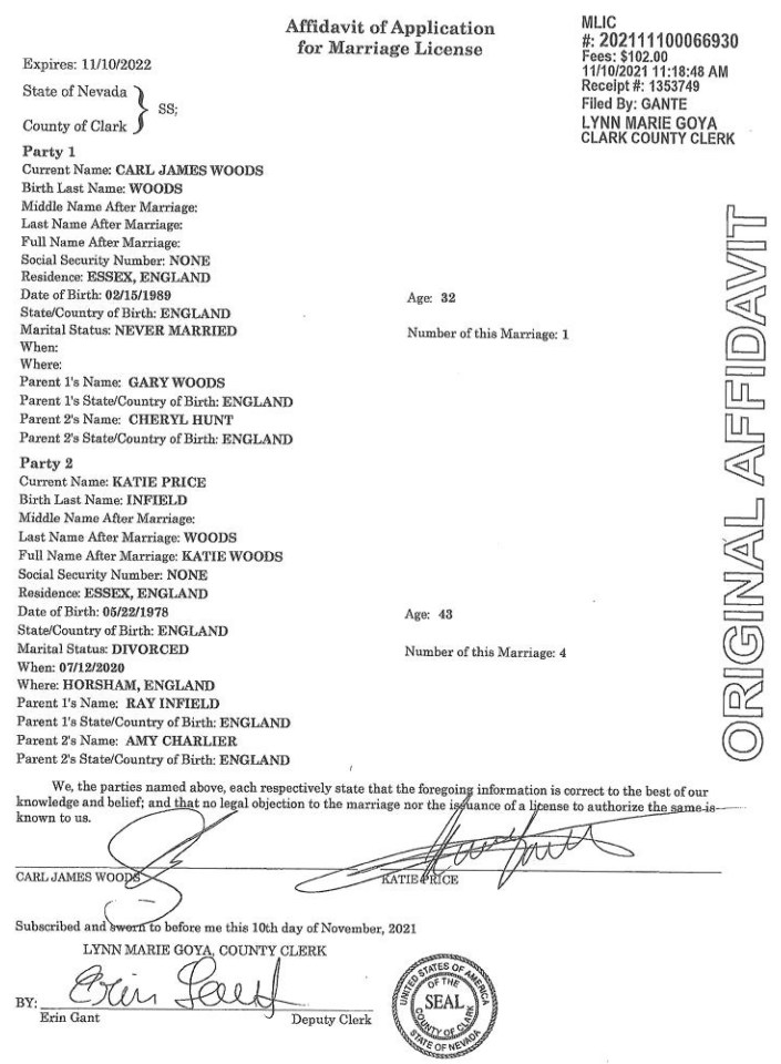 Katie Price and Carl Woods recently signed a application for a marriage licence