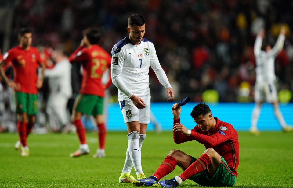 Serbia's Nemanja Radonjic consolses the Man Utd star as he sits on the pitch