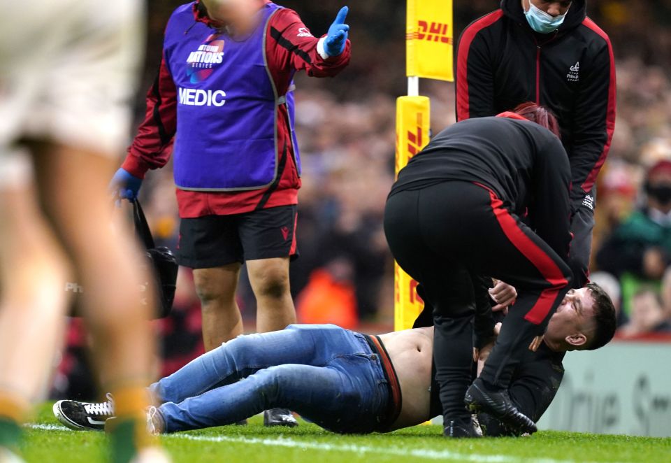 Rowe was wrestled to the ground by security after appearing to disrupt a try-scoring opportunity for Wales