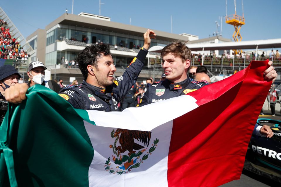 Max Verstappen celebrates with his Mexican team-mate Sergio Perez after victory last weekend