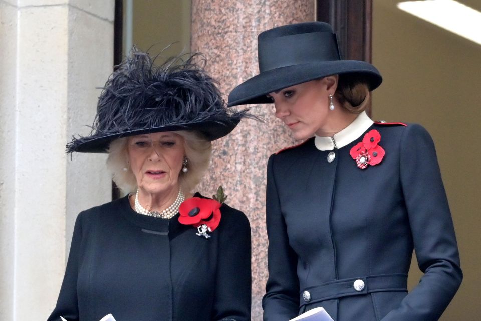 Camilla and Kate watch the service from a balcony