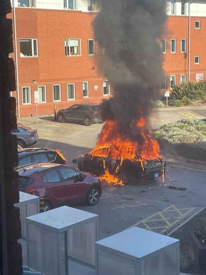 Graphic pictures and videos captured the private hire taxi with smoke and flames billowing