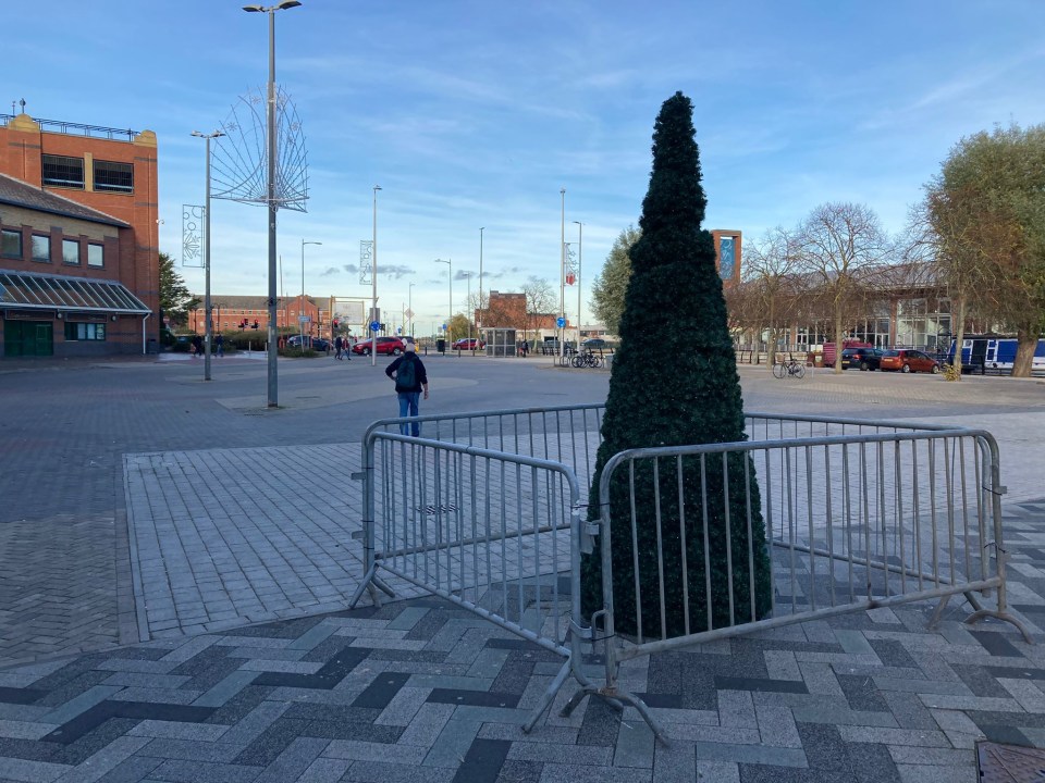 The pre-lit tree outside Grimsby shopping centre is surrounded by railings has left residents unimpressed.