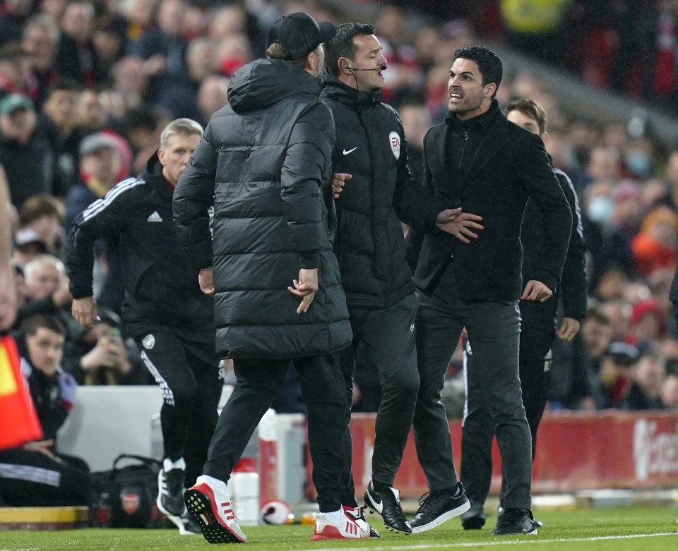 Tempers flared between Mikel Arteta and Jurgen Klopp on the touchline during the first half