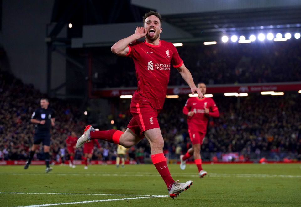 Portugal international Jota wheeled away in delight after scoring his first goal since the 5-0 win against Manchester United