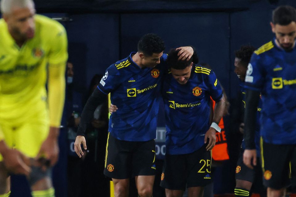 Jadon Sancho celebrates his first goal for Man Utd