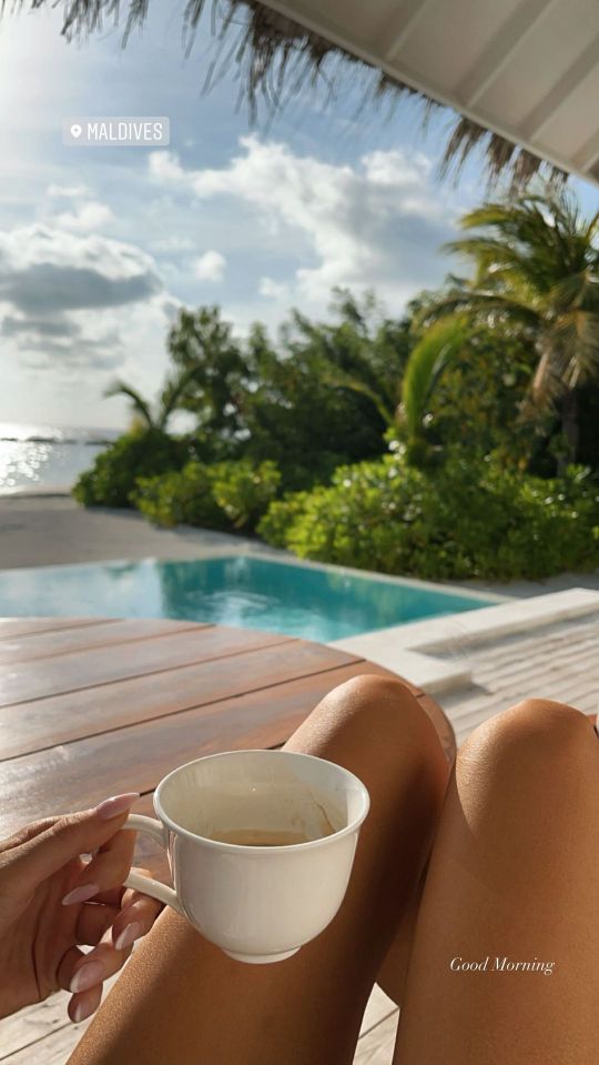 Maura enjoyed an espresso at their private pool