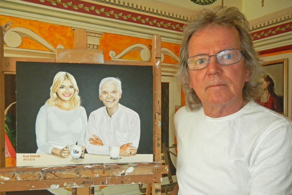 Robert Burns, 74, proudly poses with his portrait of Holly Willoughby and Phillip Schofield