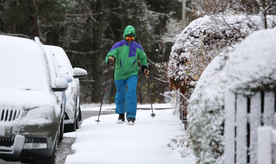 One man used skis as he walked through the snow in Scotland