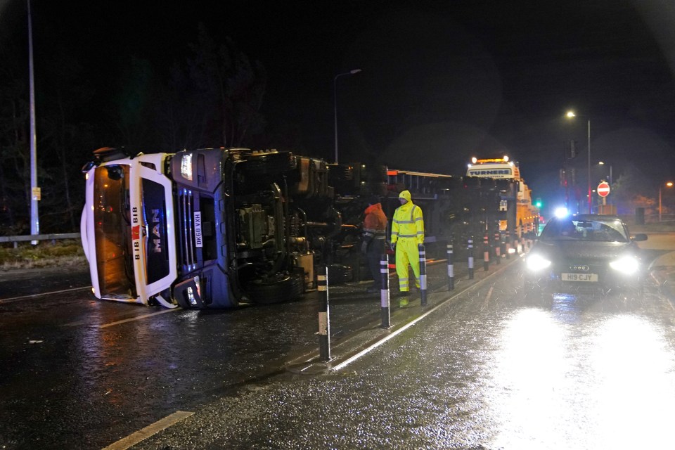 A lorry blew over in high winds blocks the A179 near Hartlepool, County Durham