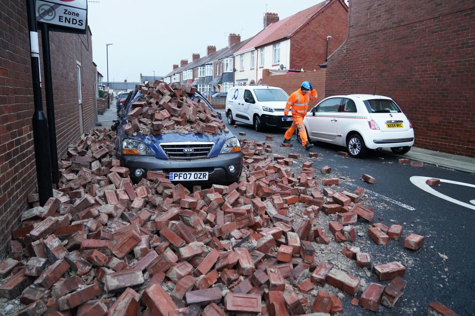 A car was covered in bricks after a building collapsed in Sunderland