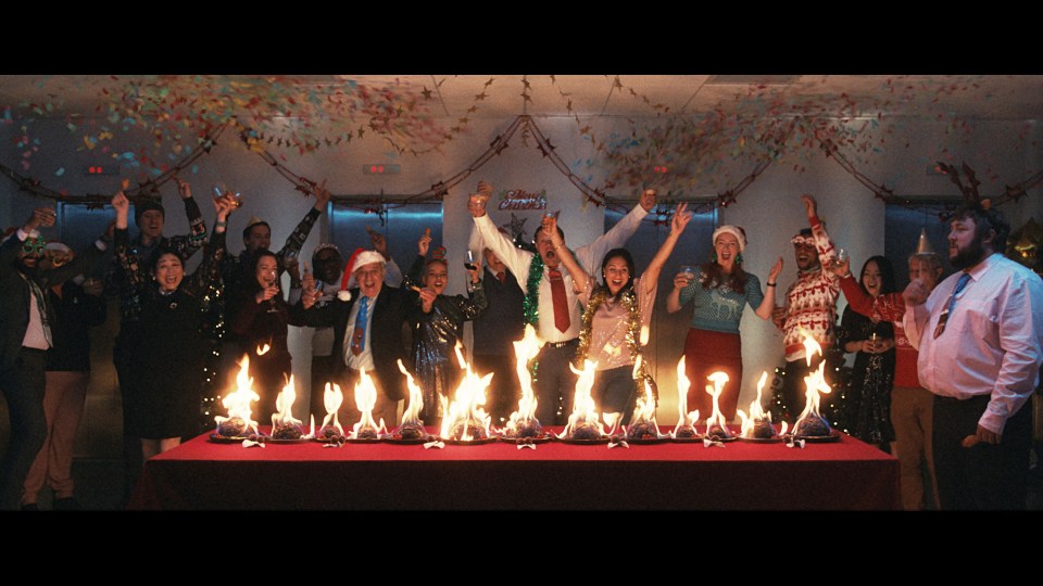 The advert features a workplace Christmas party kept going with the lights from Christmas puddings