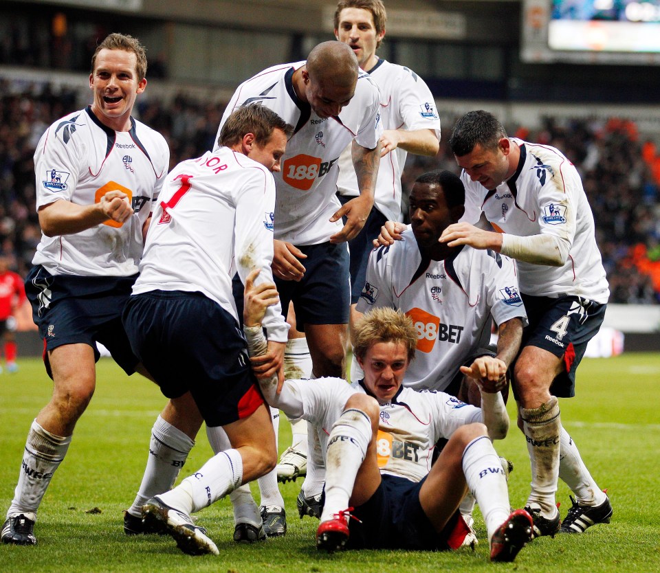 Holden celebrates his favourite Bolton goal, the winner against Blackburn in 2010