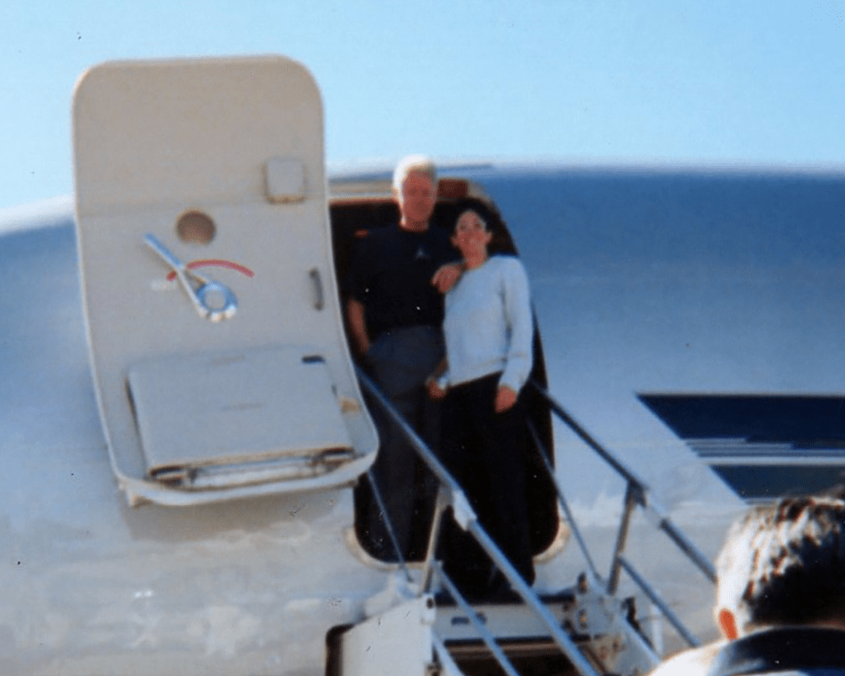 Bill Clinton and Ghislaine Maxwell pose at the door of Epstein's private jet the 'Lolita Express'