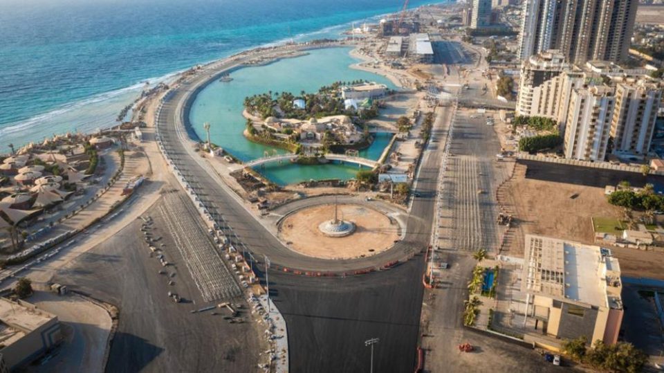 Drone shot showing the half-built Jeddah Corniche Circuit