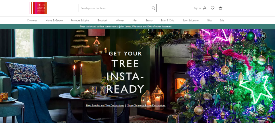 The John Lewis website featured the Christmas tree from the ad