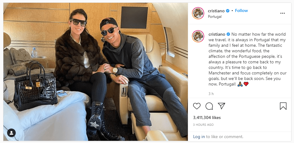 Cristiano Ronaldo posted a tribute to Portugal that was even more loving than the photo next to it as he jetted back to England