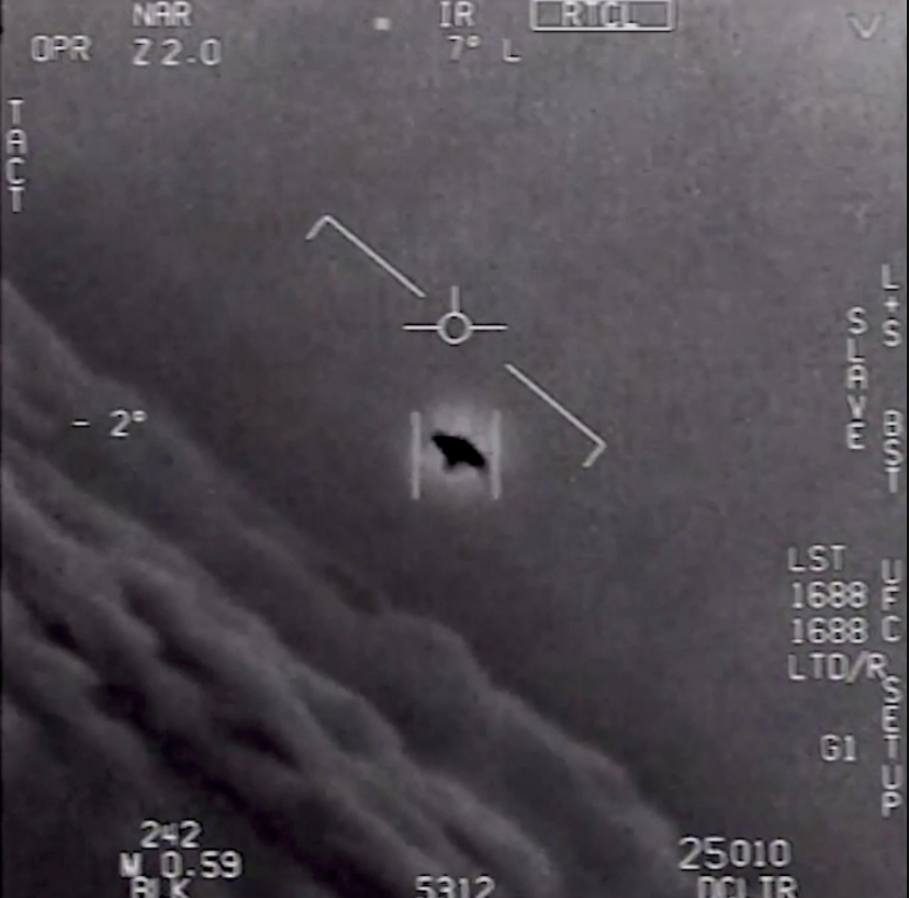 Screenshot from the 'Gimbal' UFO video which includes US Navy pilots exclaiming 'look at that thing!'