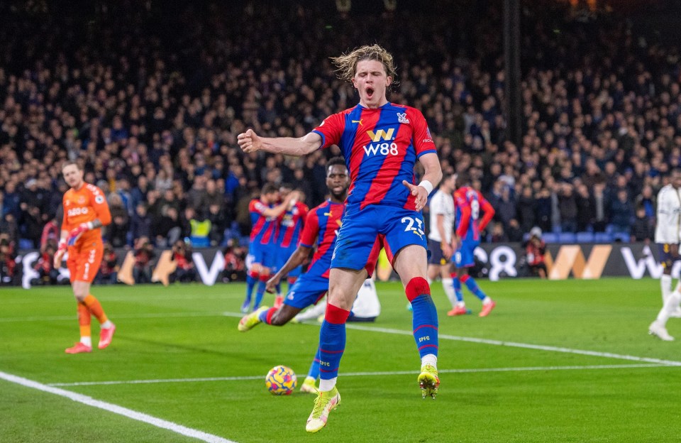 Conor Gallagher celebrates his first of two goals as Crystal Palace beat Everton