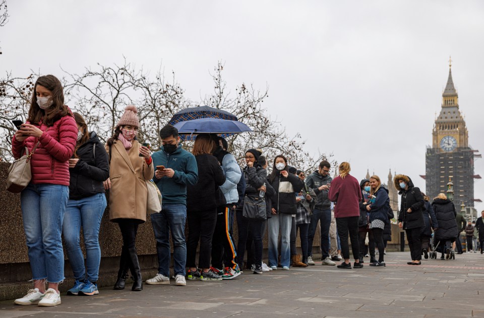 Mass vaccination sites are re-opening with booster shots available - pictured people queue outside a walk-in centre at St Thomas's Hospital in Westminster, London