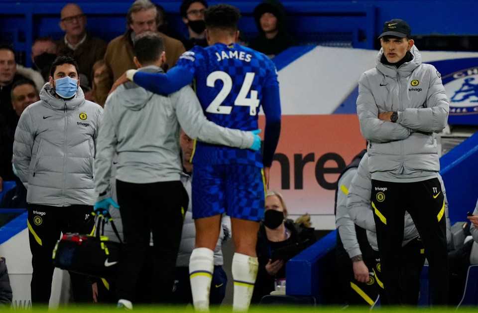 Glum Blues boss Tuchel could only look on sullenly as James was helped off the pitch