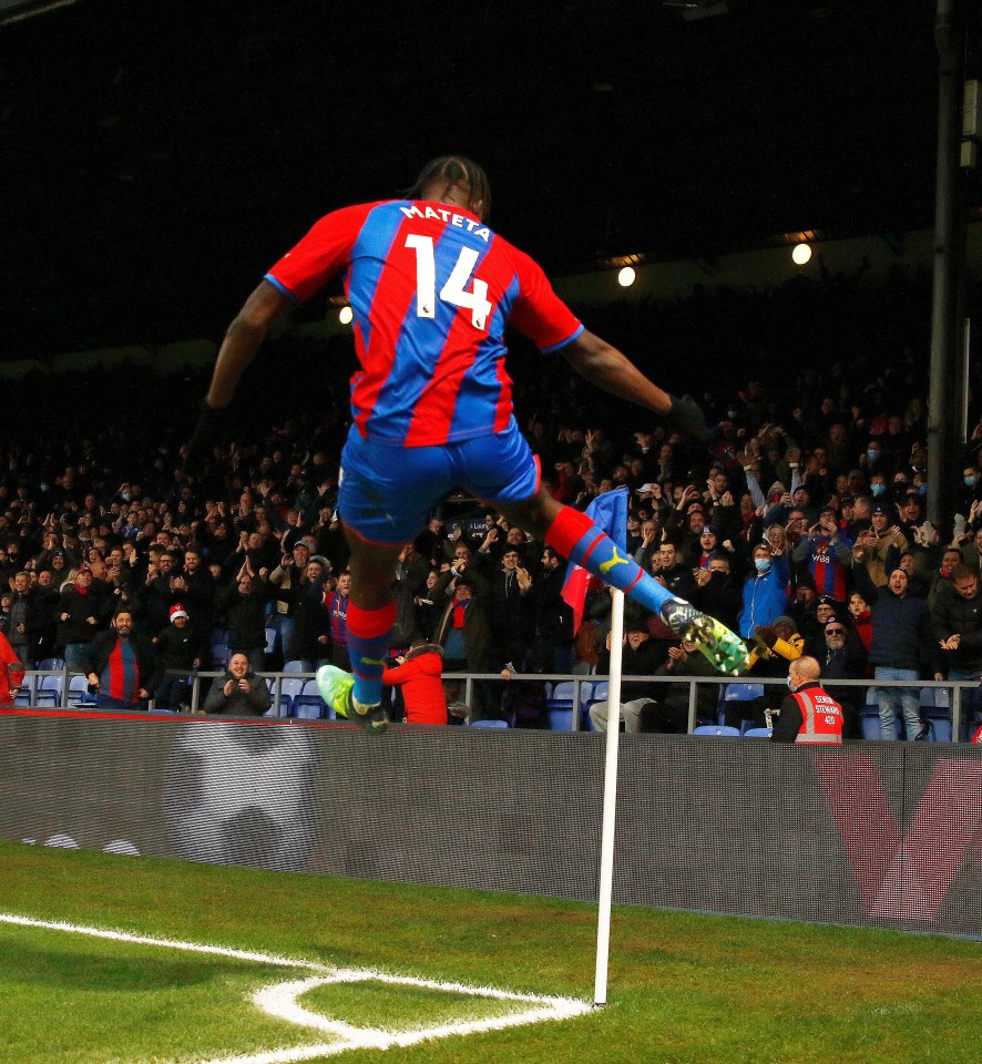 Jean-Philippe Mateta celebrates scoring his first goal of the season