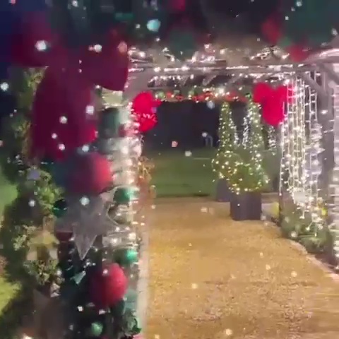 The star showed off her Christmas-decorated wooden pergola