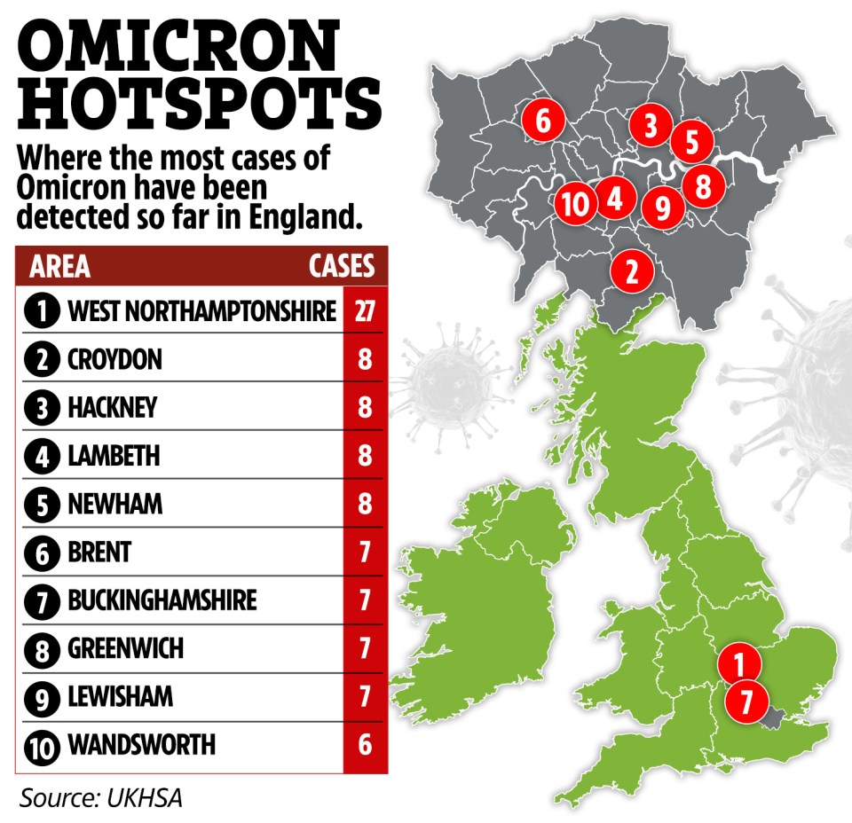 The ten places highlighted by UKHSA for high case numbers of Omicron