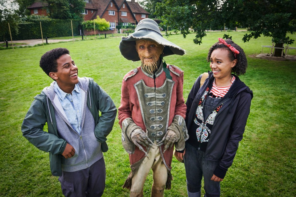 Thierry Wickins, left, Mackenzie Crook, centre, and India Brown, left, stars on Worzel Gummidge.