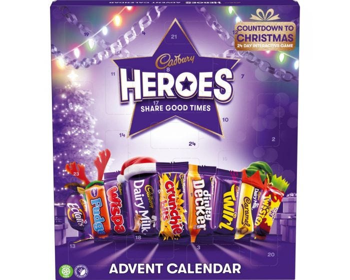 Cadbury's Heroes calendar features a Creme Egg chocolate bar among the classics