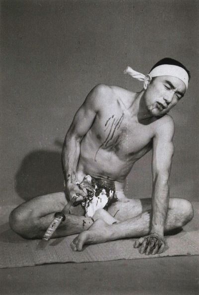 Yukio Mishima's art often featured simulated suicide - such as this mock up he performed