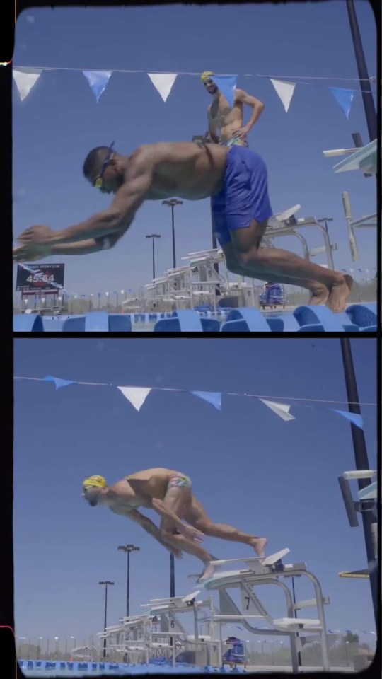 The pair dove in before racing to the end of the pool