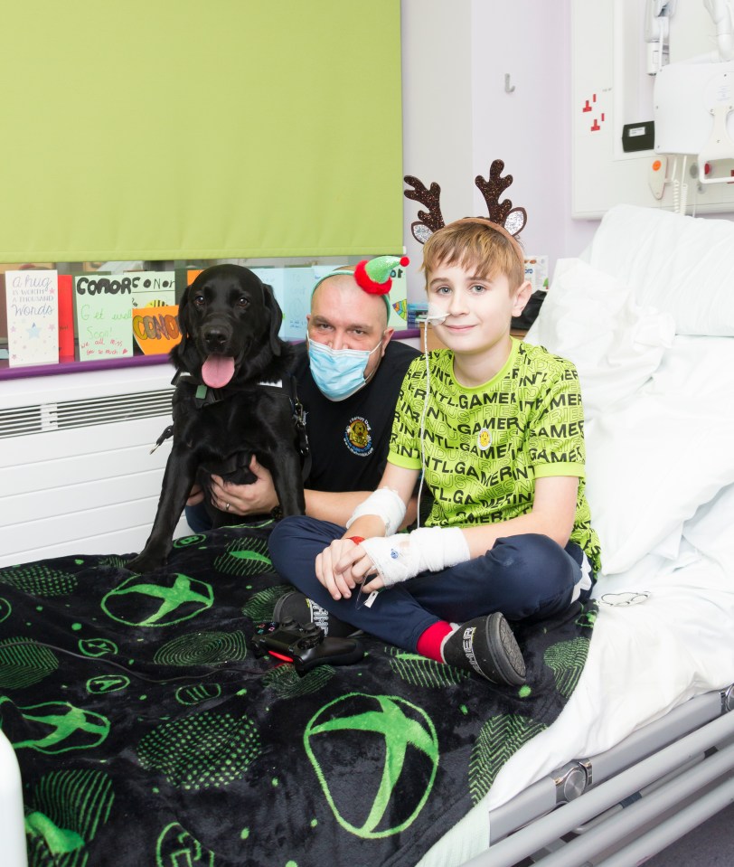 Conor Campbell, ten, got a boost when therapy dog Lewis and his handler Dave Freer gave him a surprise visit