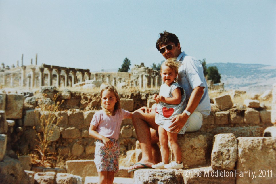 The Duchess pictured with her father Michael and sister Pippa in the 1980s