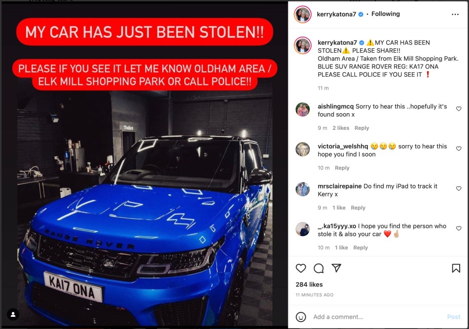 Kerry's £110k Range Rover was stolen