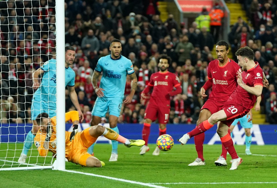 Diogo Jota scored for Liverpool as two Newcastle players lay prone after a clash of heads