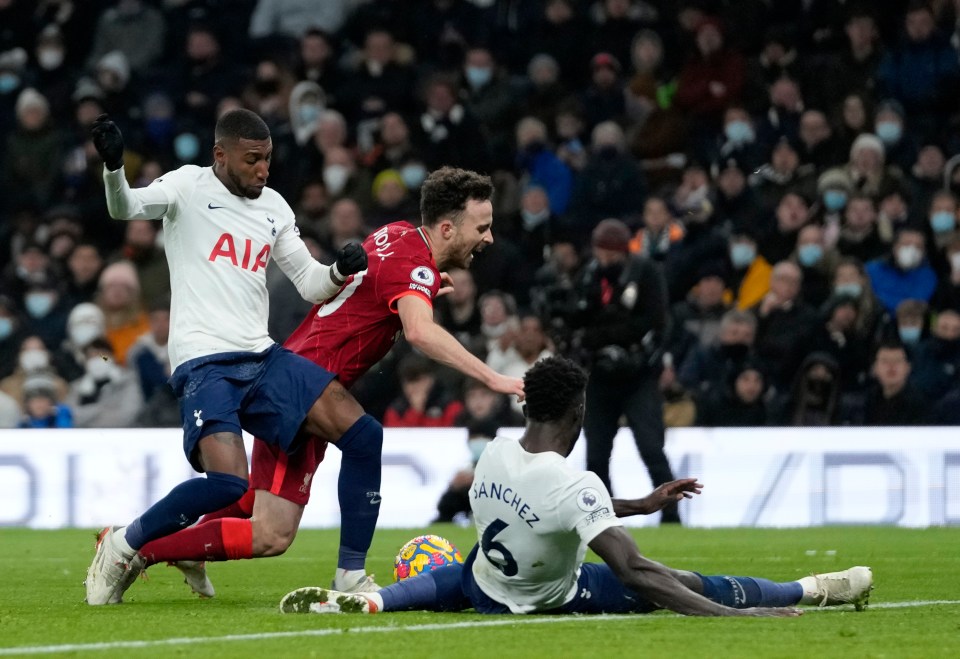 There was clear contact on Diogo Jota but Paul Tierney waved play on