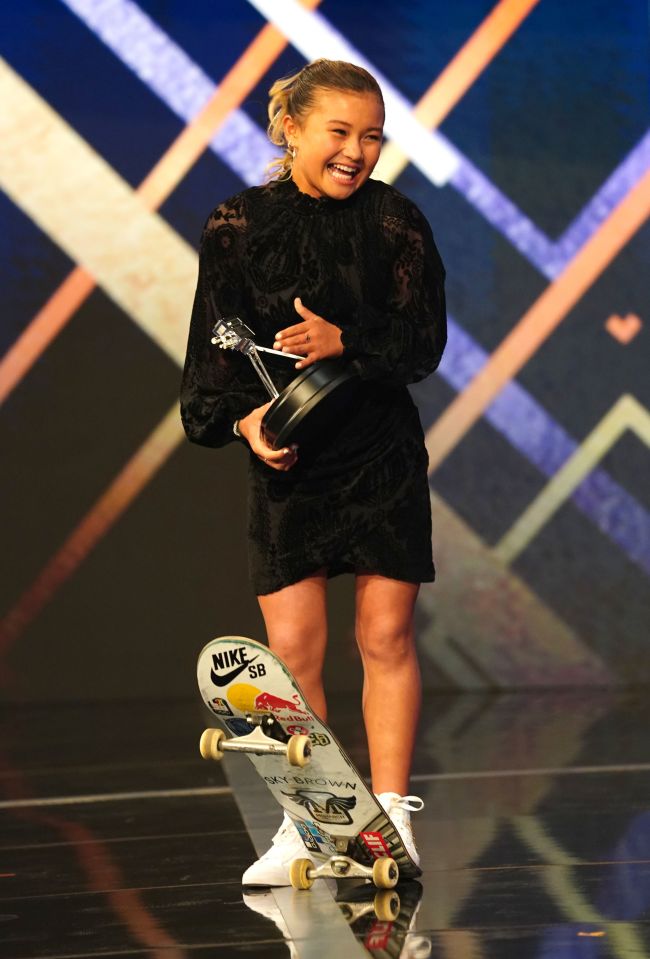 Sky Brown - complete with her skateboard - was delighted with her Young Sports Personality of the Year award